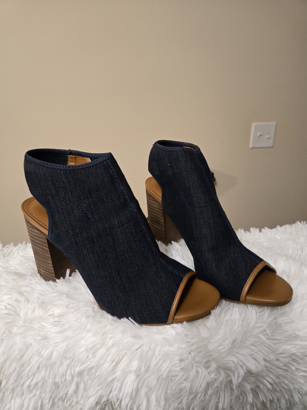Women's Open-Toe Denim Block Heel Booties in Dark Blue